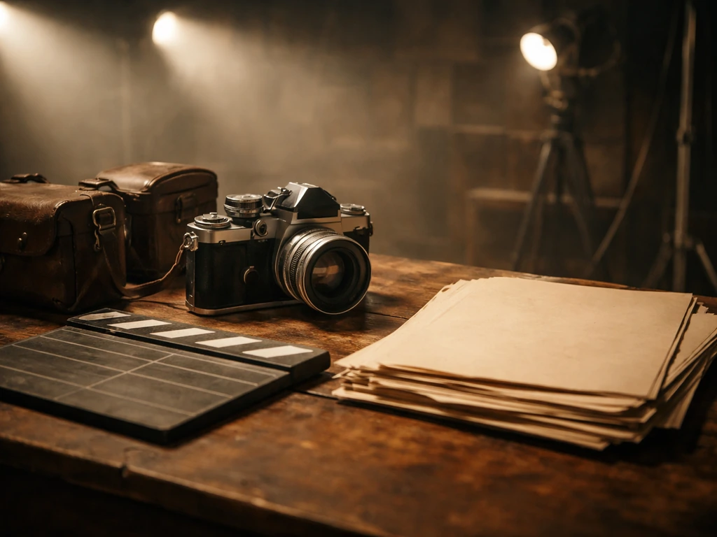 Vintage 1960s/70s film set table with an old 35mm camera and studio lights, no people.