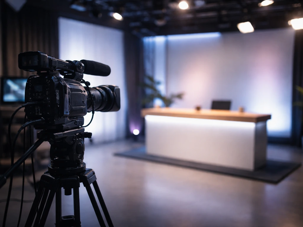 Modern TV studio set with a broadcast camera and lights, suggesting active production in the 2020s.