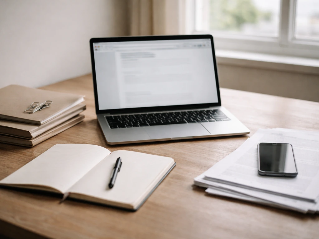 Minimal desk with laptop, notebook, and phone showing a self-verification workflow for tracking updates