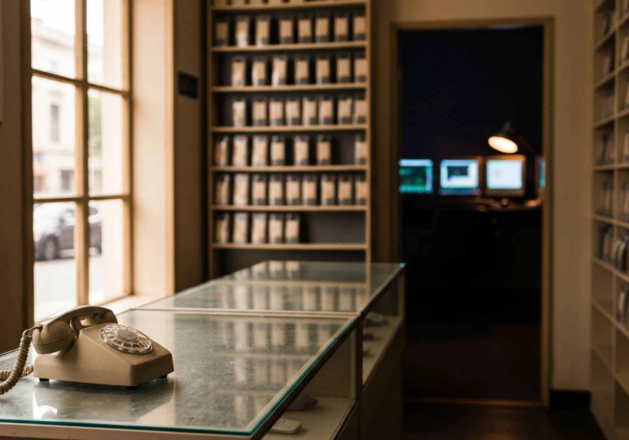 Vintage mobile phone shop counter with a subtle, dim trading-room glow in the background.