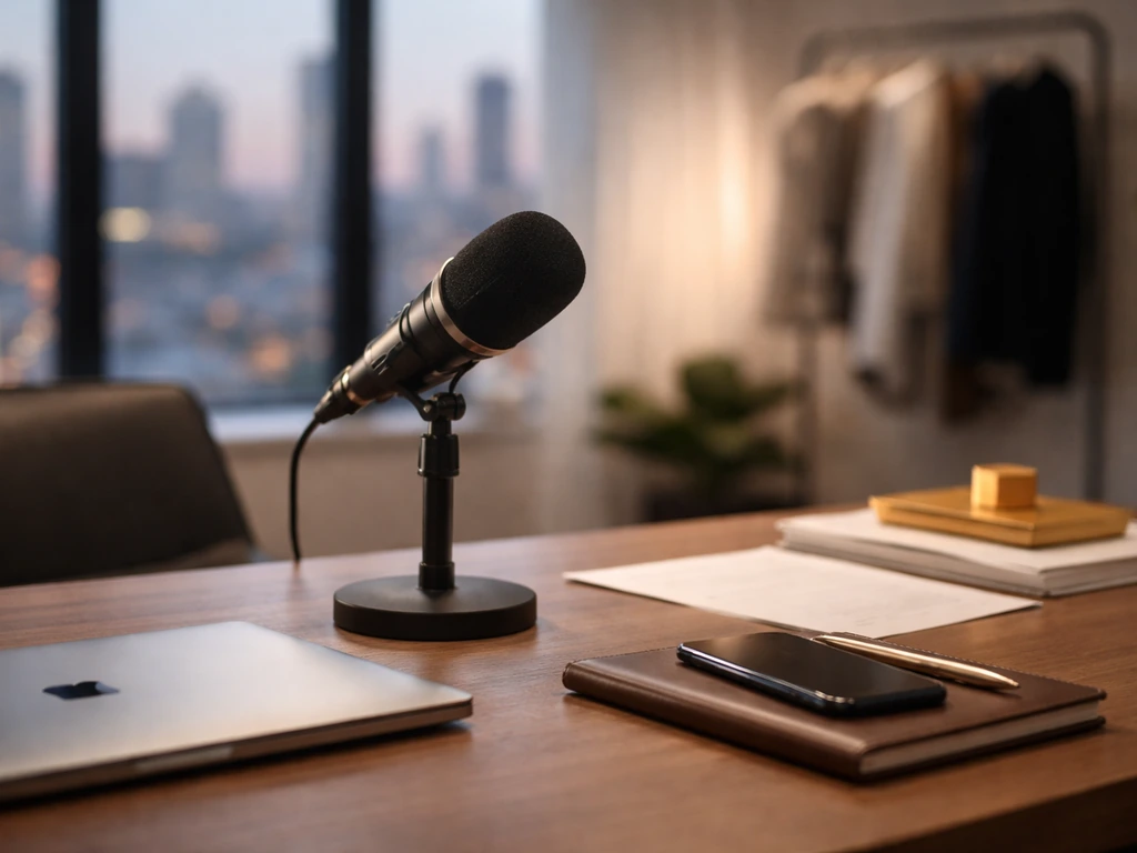 Minimal office desk with microphone and blank documents, city skyline through windows, symbolizing business verification