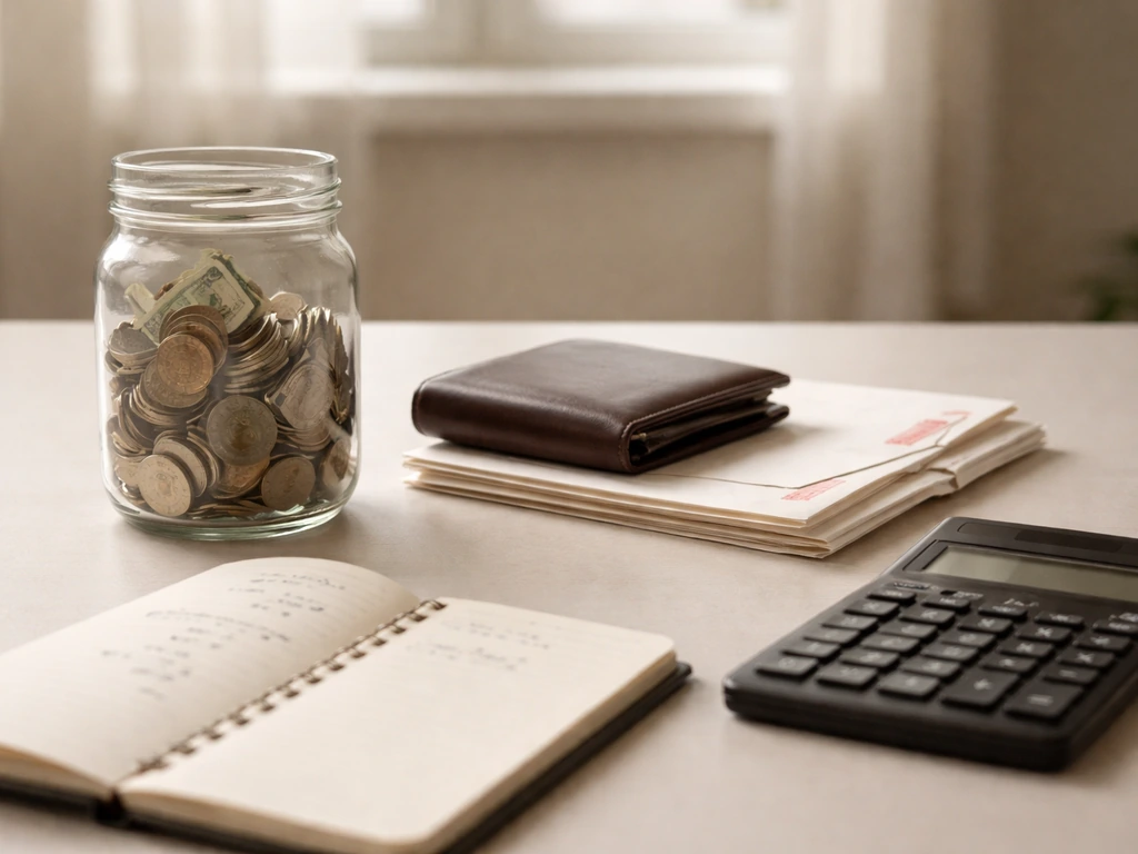 Minimal office scene with a notebook, calculator, and scattered envelopes symbolizing assets, liabilities, and estimates
