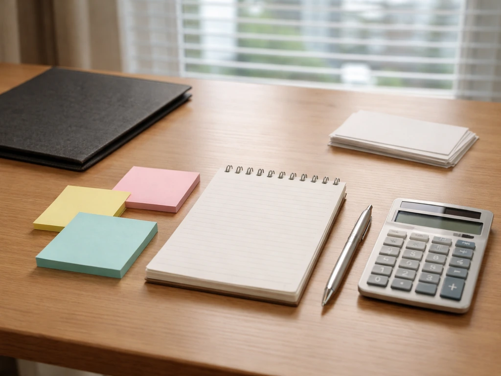Minimal desk setup with notebook, calculator, and blank sticky notes symbolizing an asset breakdown.