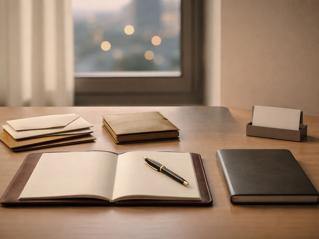 Minimal desk with staged envelopes and stationery suggesting wealth growth, emphasizing the rightmost later phase.
