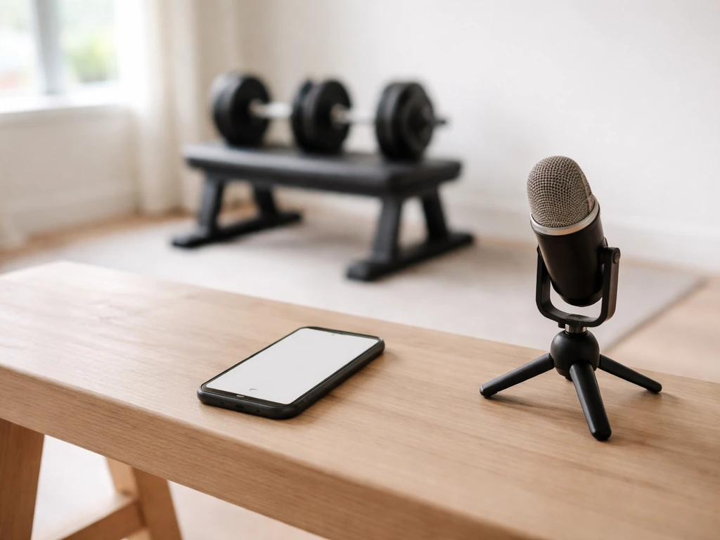 Quiet home gym setup with dumbbells and a smartphone on a bench, suggesting a fitness entrepreneur’s online brand