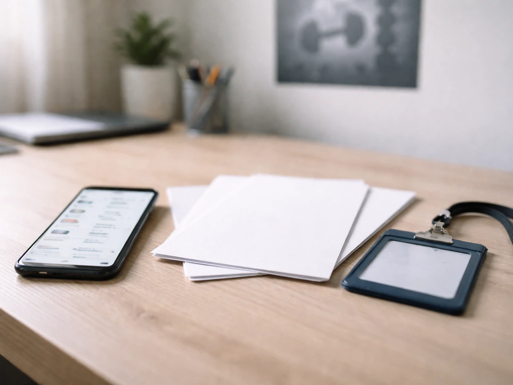 Minimal office desk scene with a smartphone and documents suggesting verifying identities and online fitness profiles