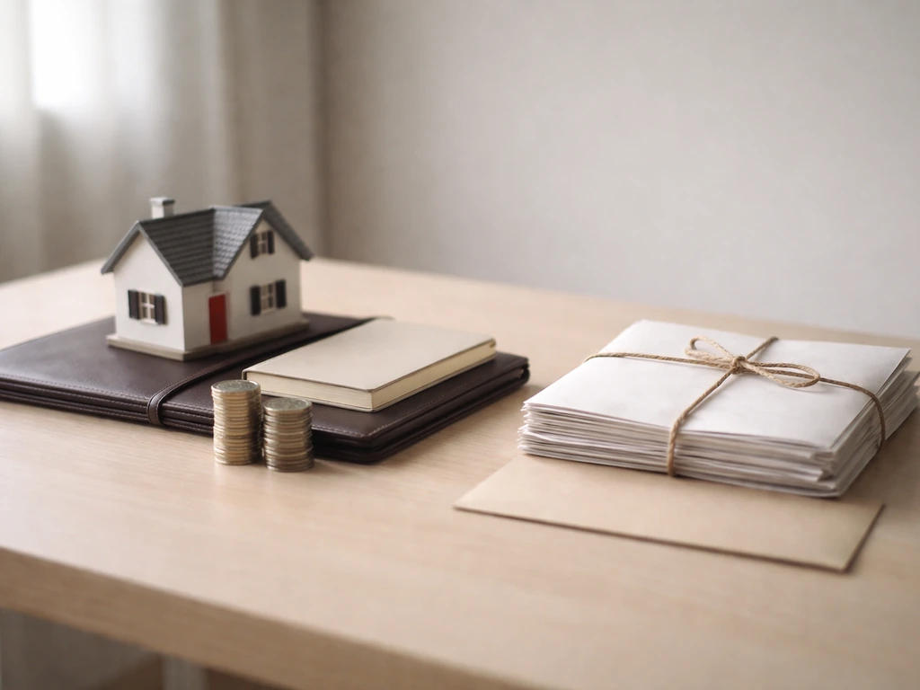 Open office desk with neatly stacked cash, a house model, and a binder beside a closed folder labeled only by color