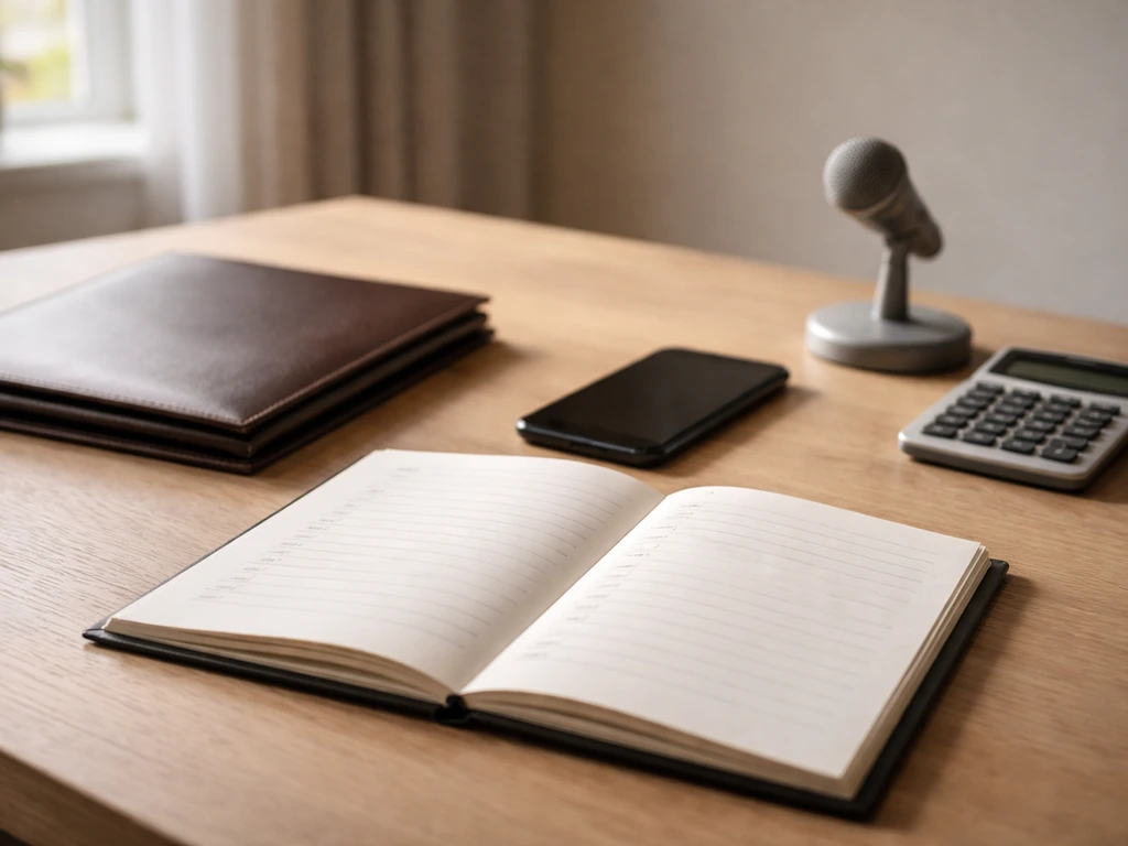 Minimal desk scene with planner, portfolio, calculator, and phone symbolizing a wealth-building timeline.