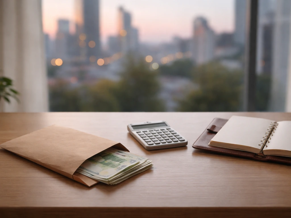 Minimal desk with euro cash and a calculator, symbolizing a net worth estimate range and date.