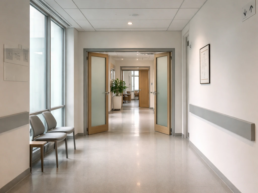Quiet office corridor at Charité Berlin with clinical leadership signage in soft daylight