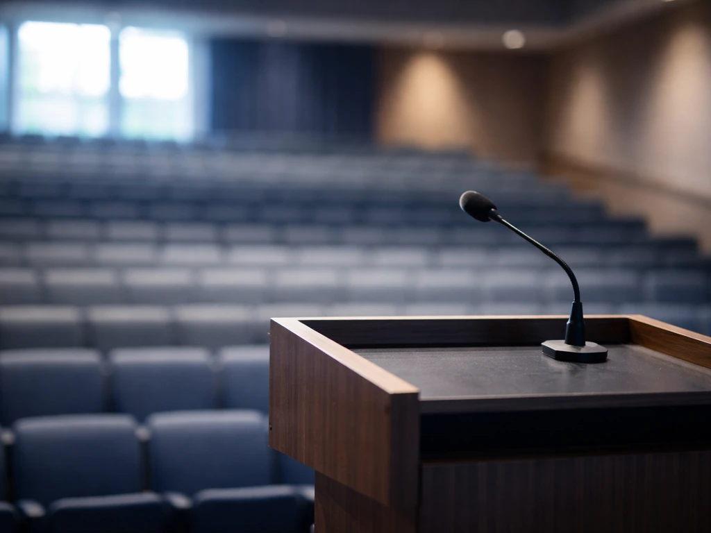 Neurosurgery conference venue with an empty stage and a lectern, suggesting an upcoming academic talk.