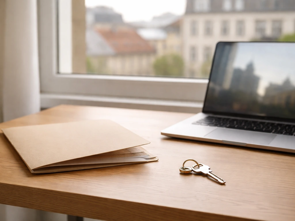Minimal photo of a Berlin home key and folder beside a laptop, suggesting an asset portfolio review.