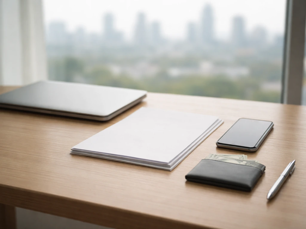 Minimal desk scene with documents, smartphone, pen, and a wallet symbolizing a public-data net worth workflow.