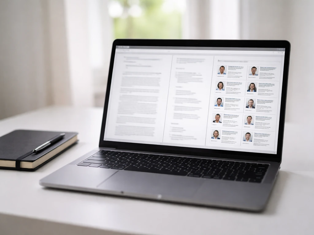 Close-up of a laptop showing blurred SEC-style filing pages and an institutional bio page thumbnail, no readable text.