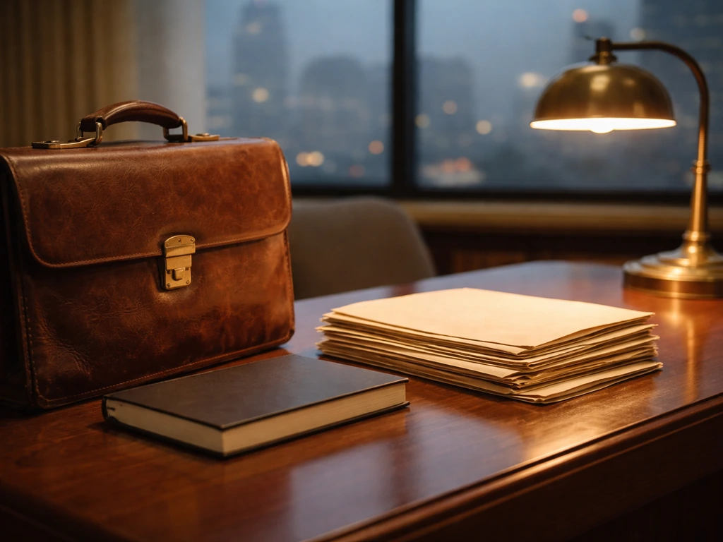 Vintage corporate consulting office desk with neatly stacked documents and a leather briefcase