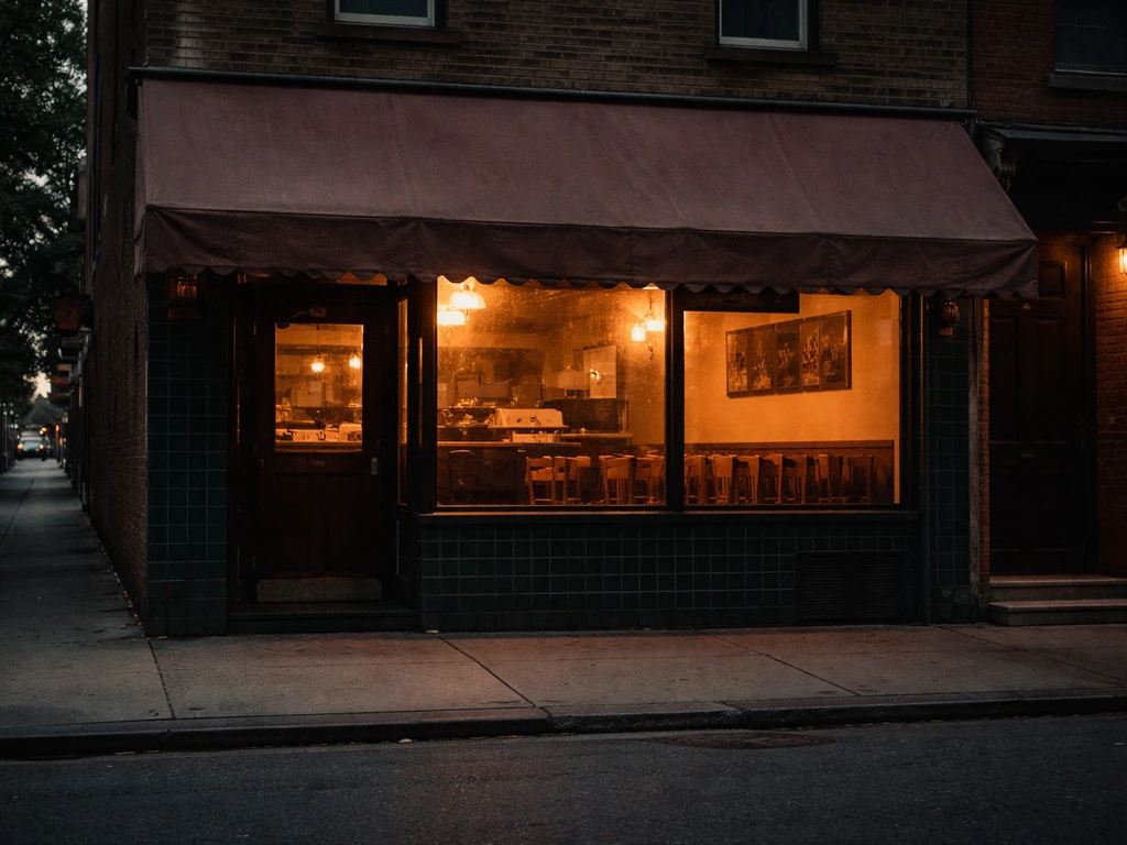 Vintage diner storefront exterior in Philadelphia-style setting with warm lighting and quiet street ambiance