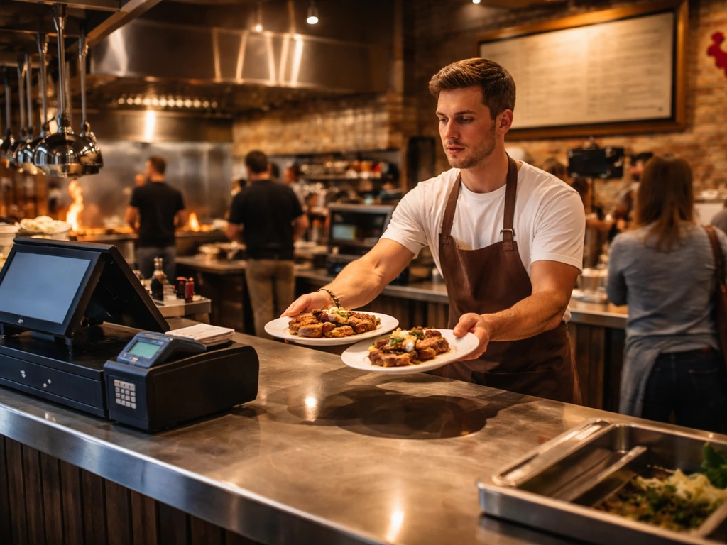 Busy restaurant counter and kitchen service window with anonymous staff handling plates.