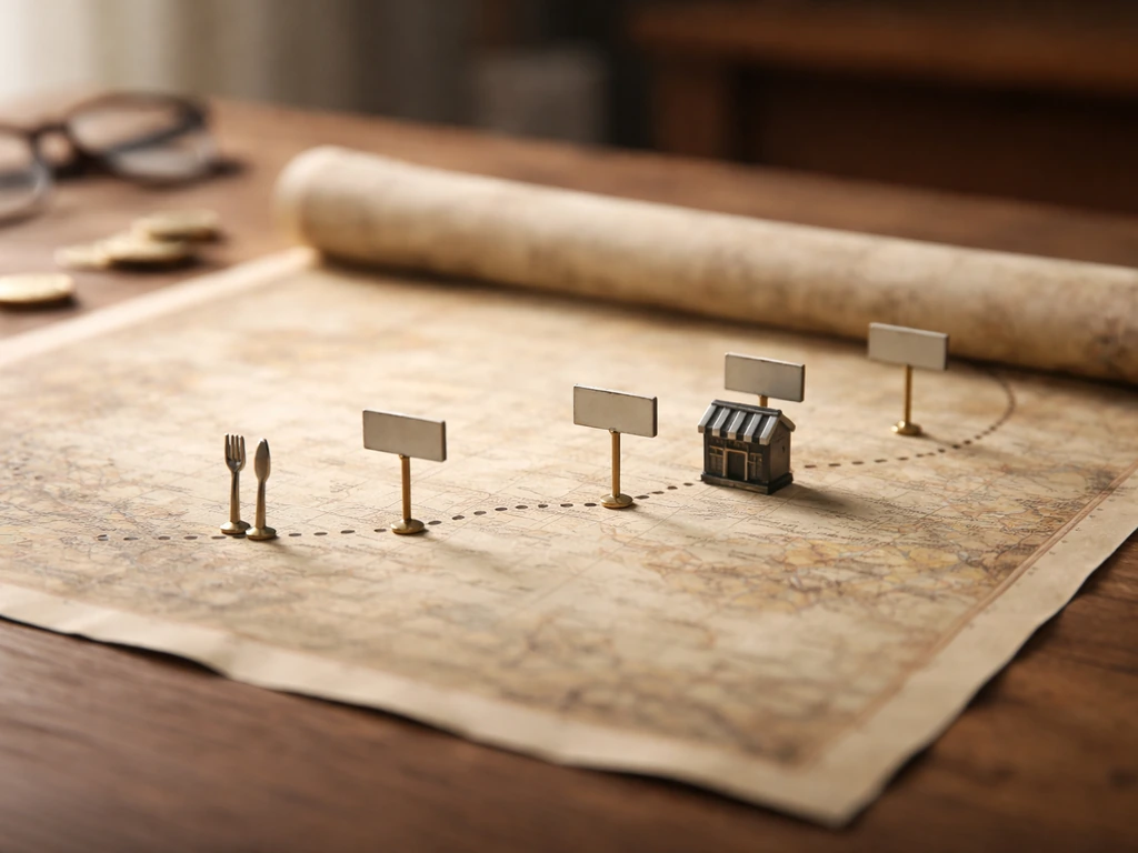 Minimal desk scene with vintage map and restaurant icon symbols suggesting a financial timeline of wealth growth