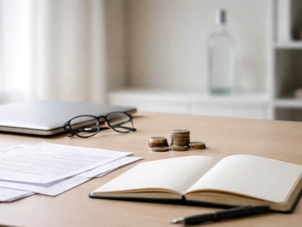 Modern office desk with coins and a blurred vodka bottle symbolizing brand value vs company value.