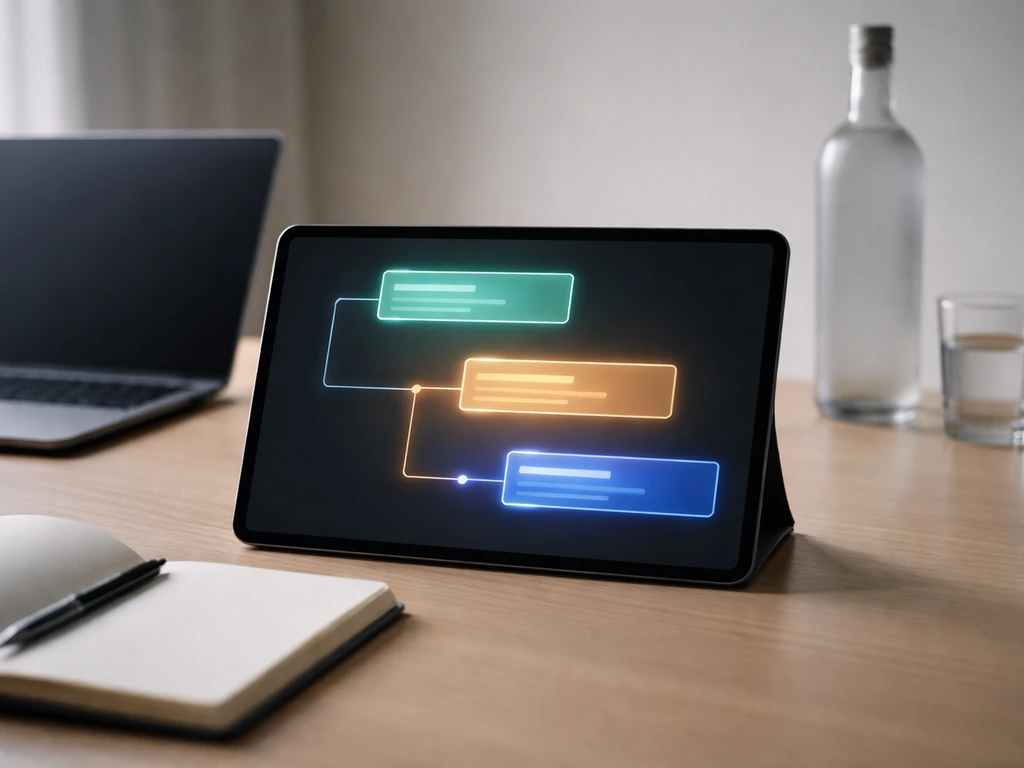 Minimal desk finance scene with abstract step widgets and a blurred generic spirit bottle and glass.