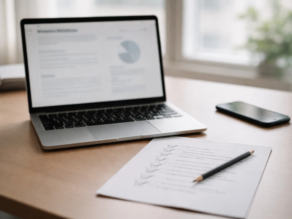 Close-up of a laptop showing an investor document preview and financial checklist papers on a desk