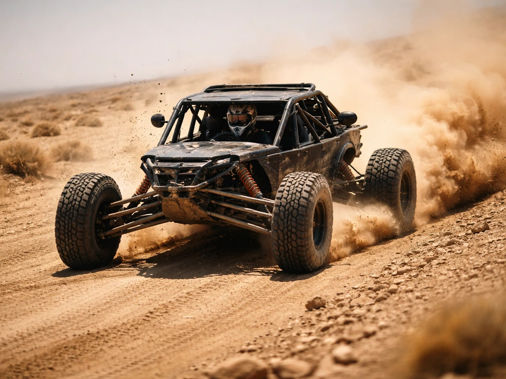 Off-road desert racer speeding through dry terrain with dust in the air from a low roadside angle