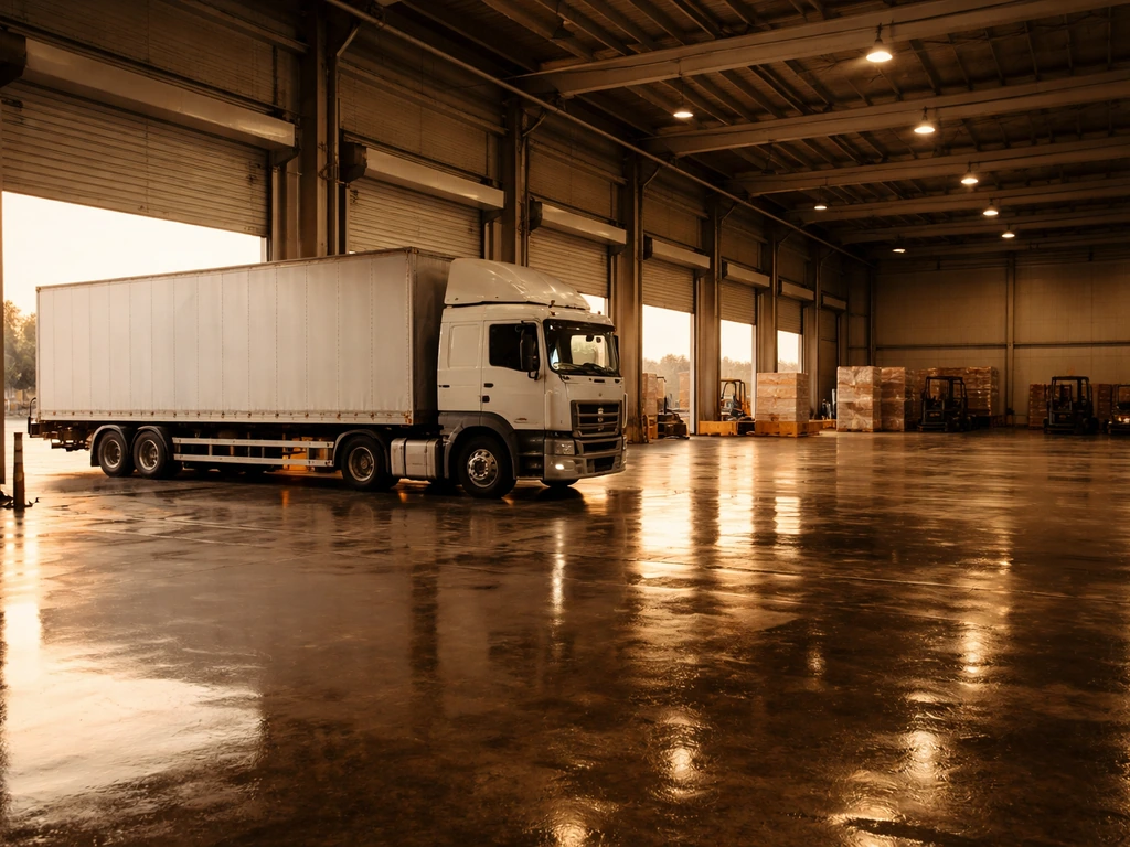 Empty loading bay at a logistics warehouse with a plain freight truck and finance/business atmosphere