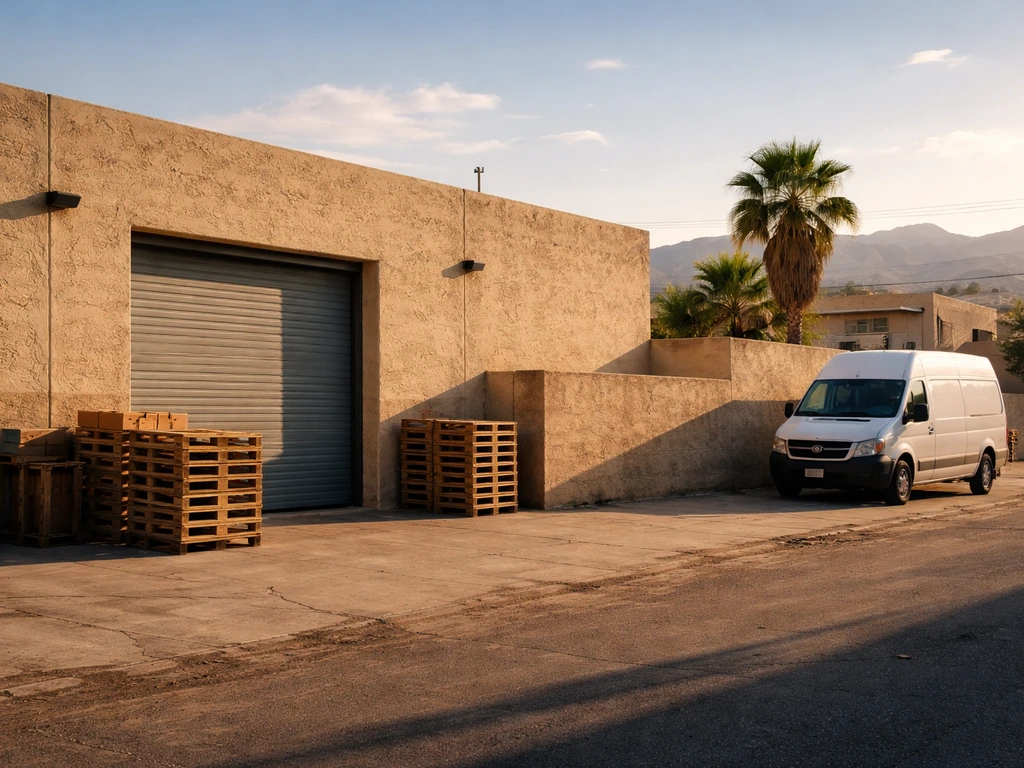 Desert-area logistics warehouse exterior with loading door, pallets, and parked van in warm sunlight.