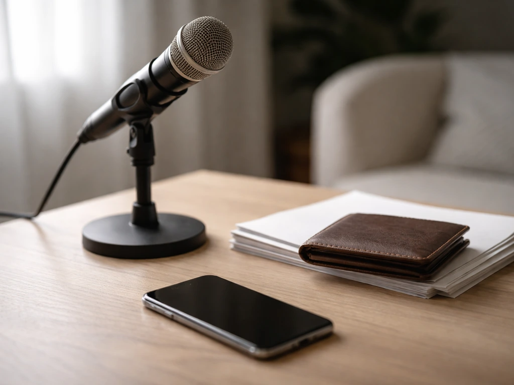 Minimal media studio desk with microphone and wallet, symbolizing presenter net worth analysis.