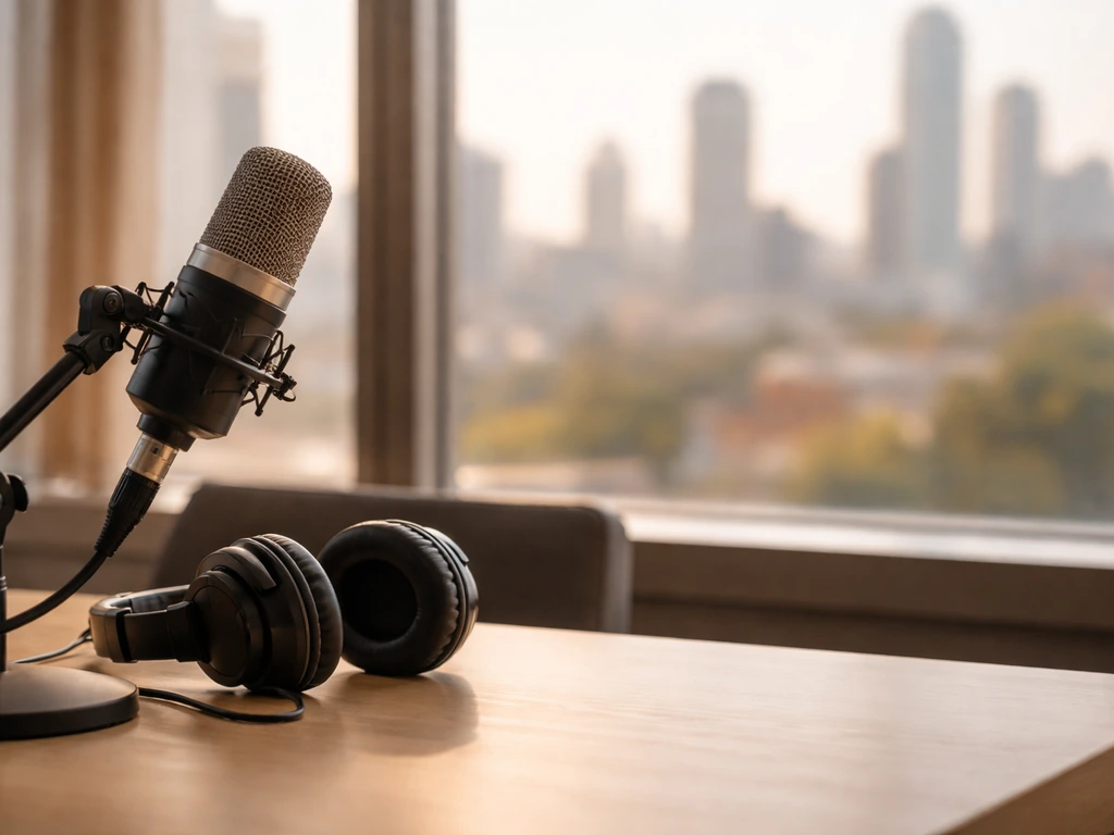 A TV studio desk with a microphone and headphones, with a soft city skyline backdrop