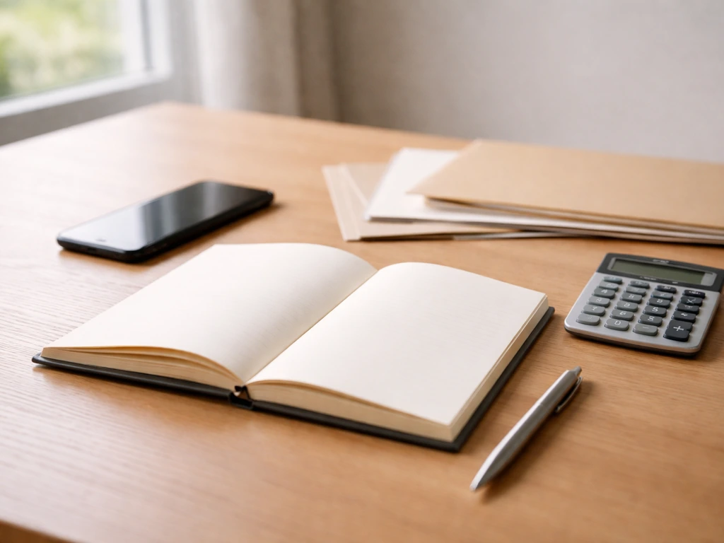 Minimal photo of a desk with a calculator, notebook, and smartphone beside documents symbolizing net worth calculation