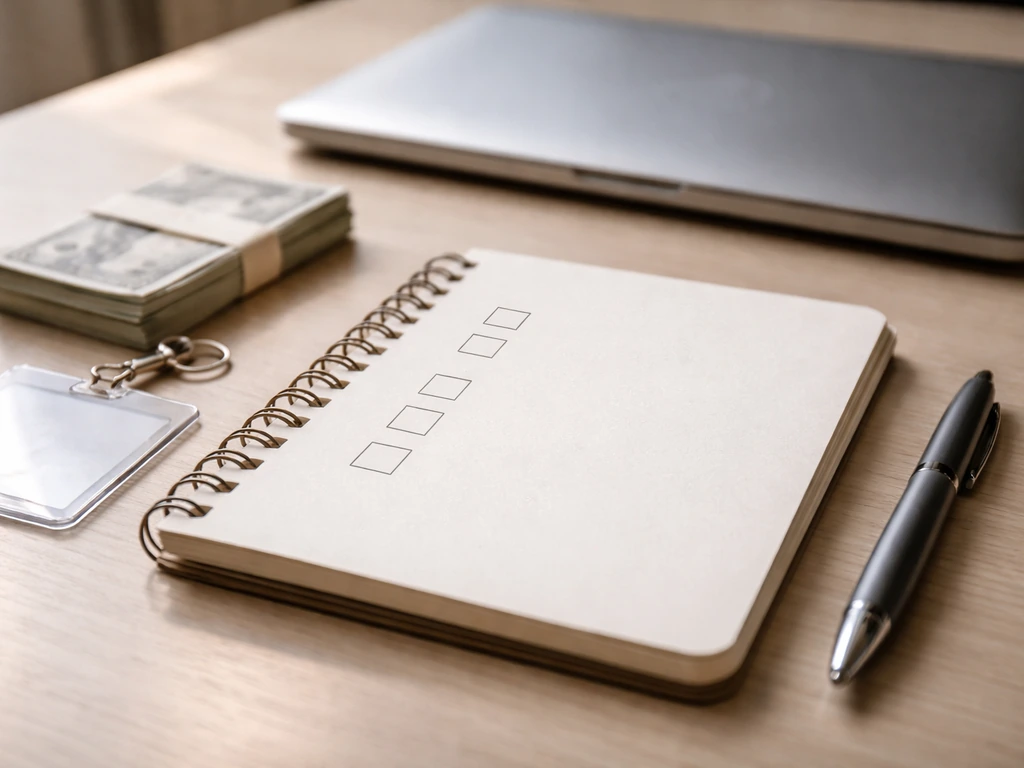 Minimal photo of a notebook and pen beside a laptop showing a simple checklist for verifying business numbers
