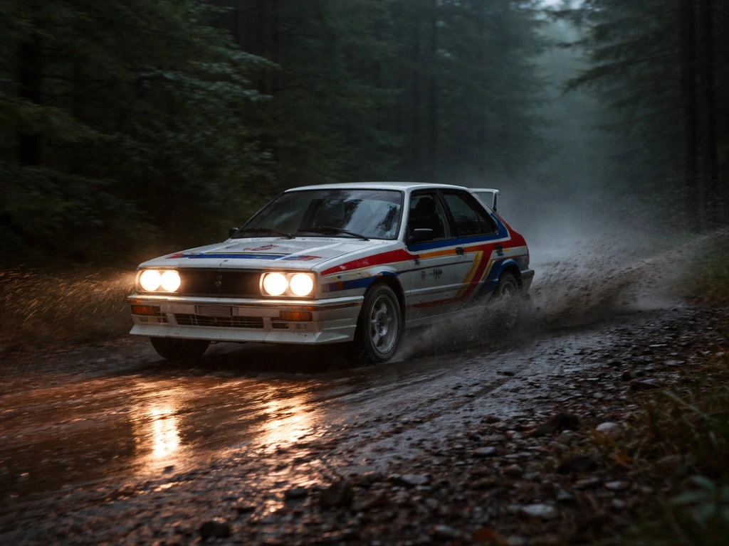 Rally car speeding through a wet forest track, evoking 1980s sponsorship-era motorsport.