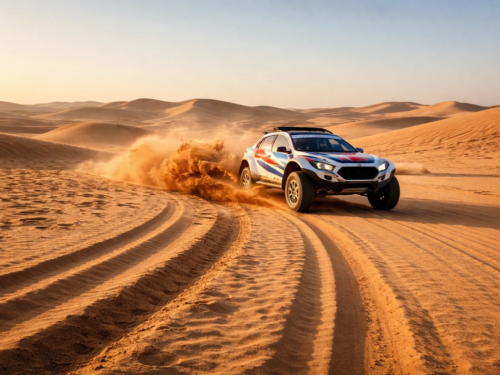 Paris-Dakar-style desert rally scene with a rally car kicking up dust near a dune in minimal composition.