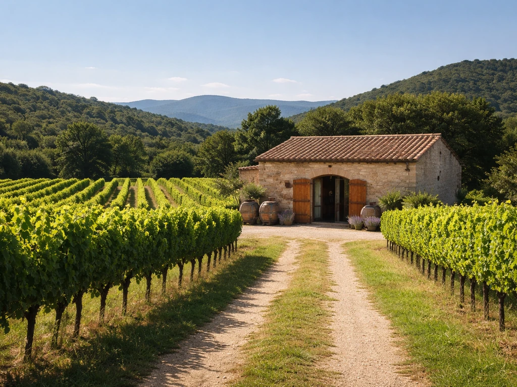 Southern France vineyard with a rustic winery building near rows of grapevines