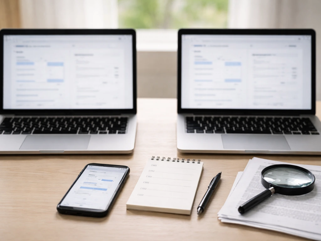 Desk with two laptops, smartphone, documents, and magnifying glass suggesting verification of conflicting net worth info