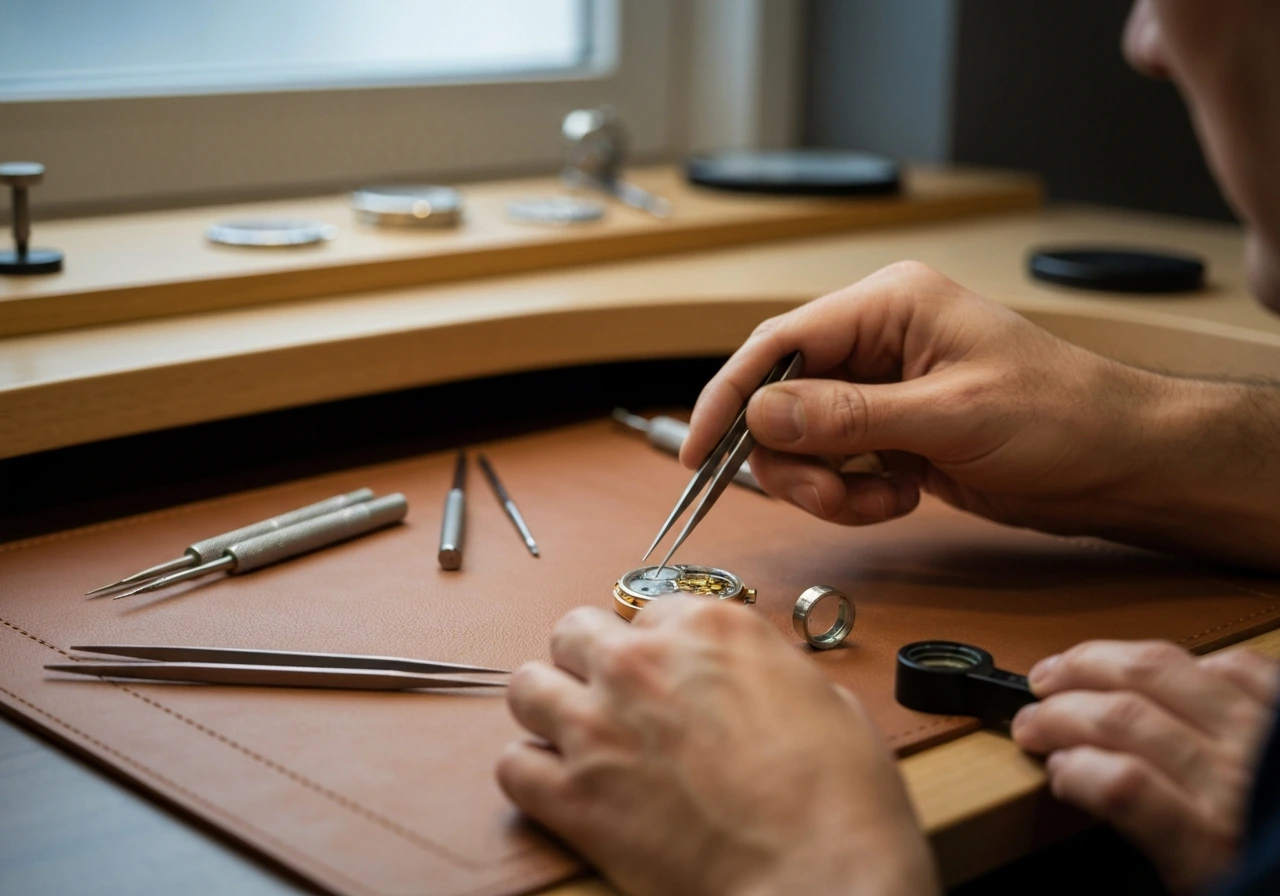 Watchmaker’s hands working on a mechanical watch movement in a quiet Finnish-style workshop.