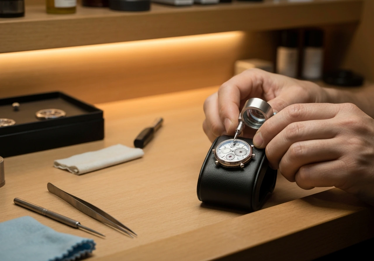 Watchmaker hand-finishing a mechanical watch on a bench with loupe, tools, and polished metal parts.