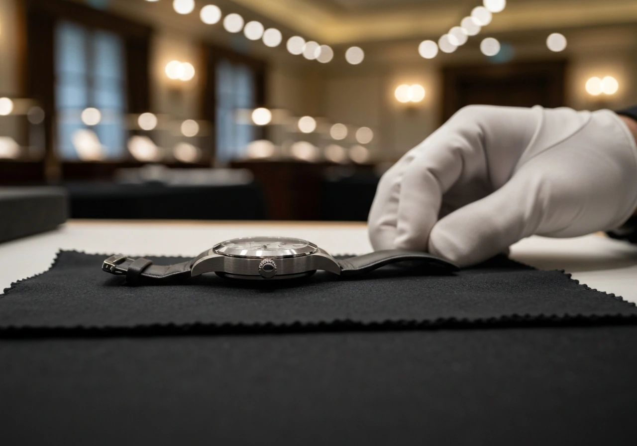 A luxury wristwatch resting on auction-prep materials under soft lights, with blurred auction room background.