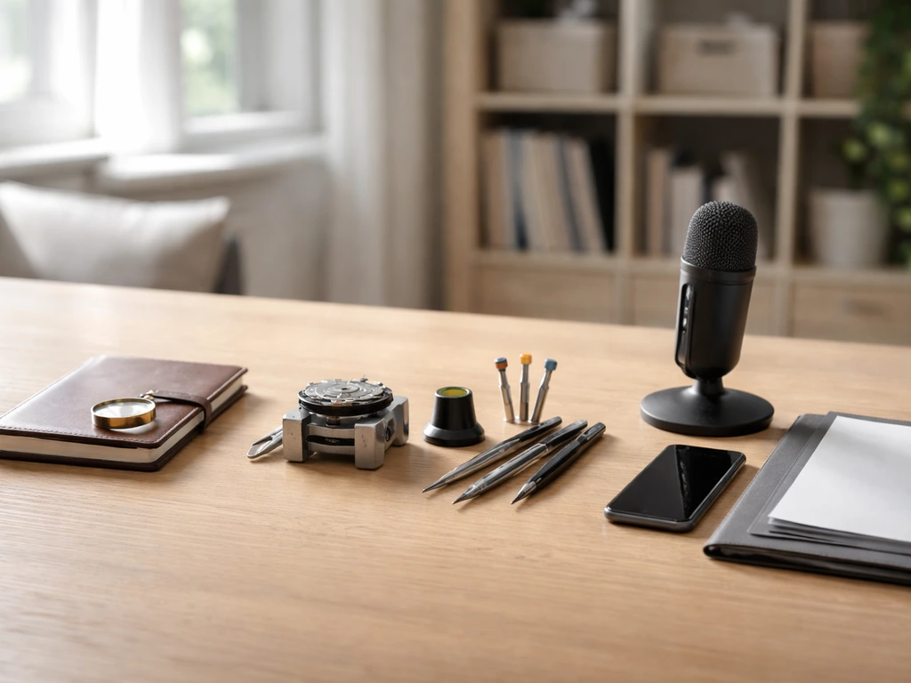 Minimal timeline-style scene with watchmaking tools and a Swiss registry-style folder, symbolizing verification steps