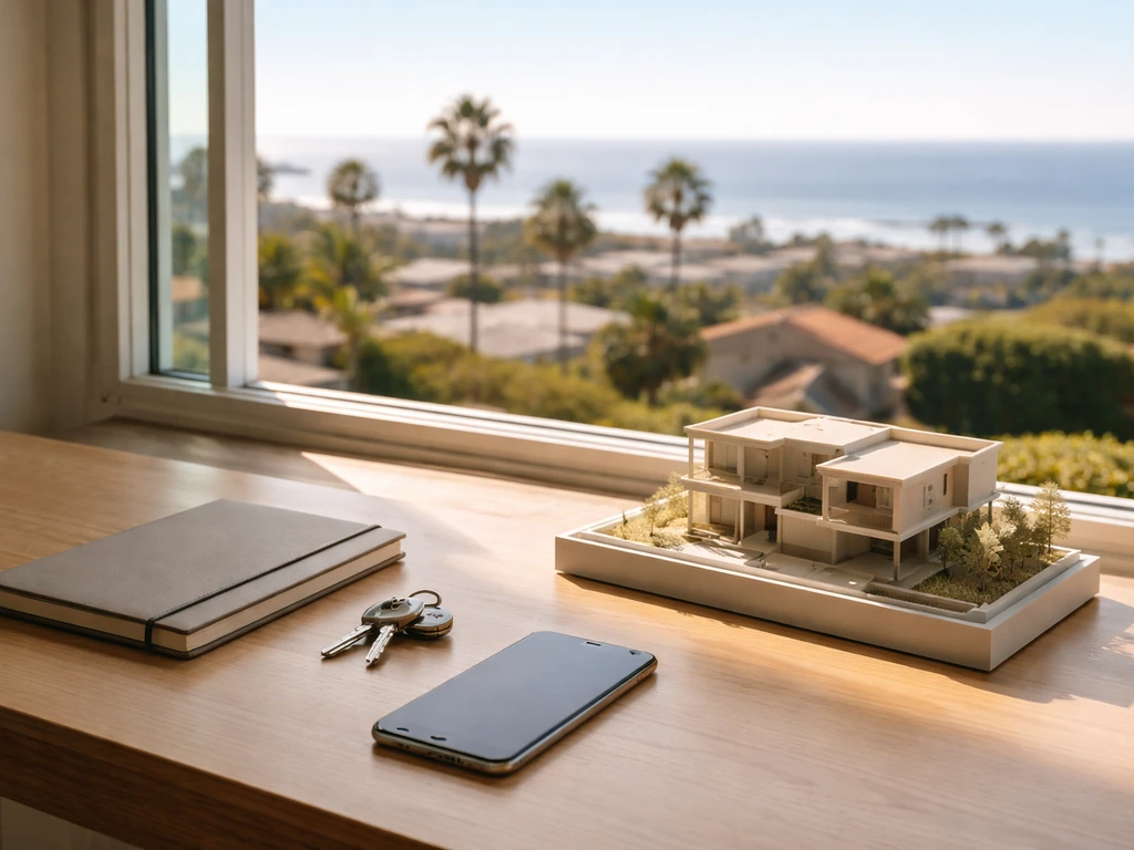 Sunlit California office window view with a modern business desk and property-dev style vibe