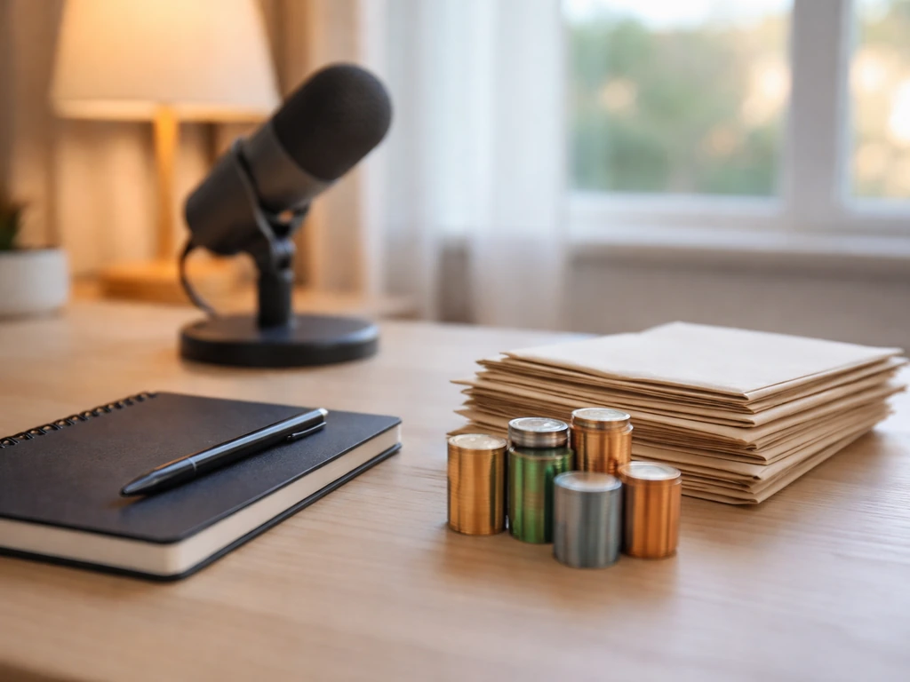 Minimal desk scene with scattered cash envelopes and a microphone, symbolizing media and wealth analysis.