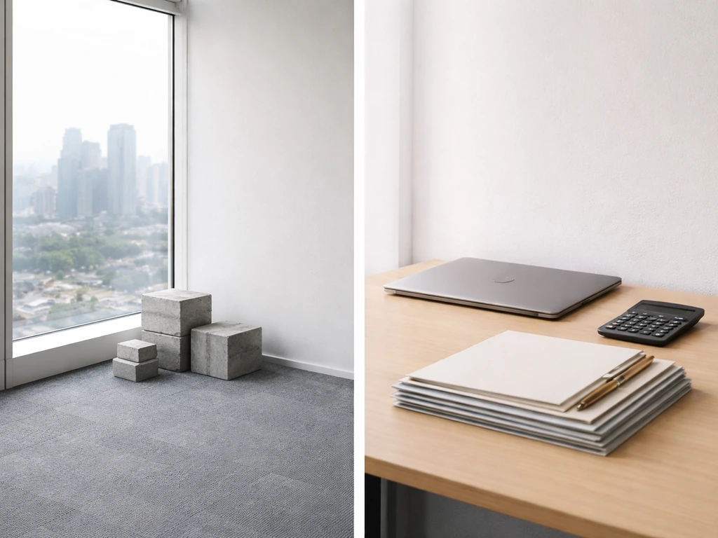 Split scene: left shows city view and construction materials; right shows desk with laptop and folders for equity.