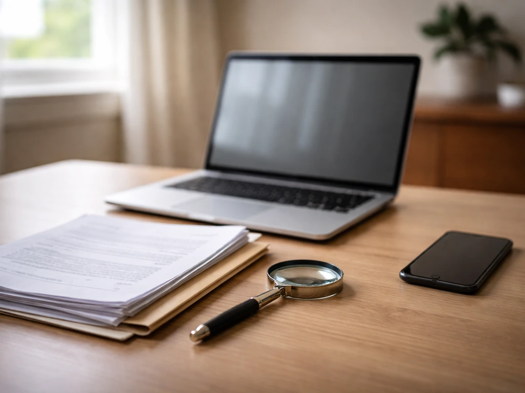 Desk scene with documents, magnifying glass, and phone used to verify business records.