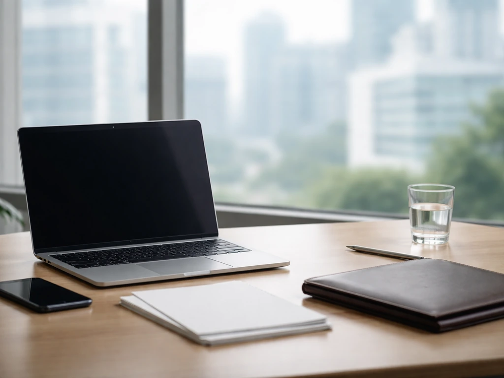Minimal office desk scene with laptop and finance research props, symbolizing estimating a healthcare tech entrepreneur’