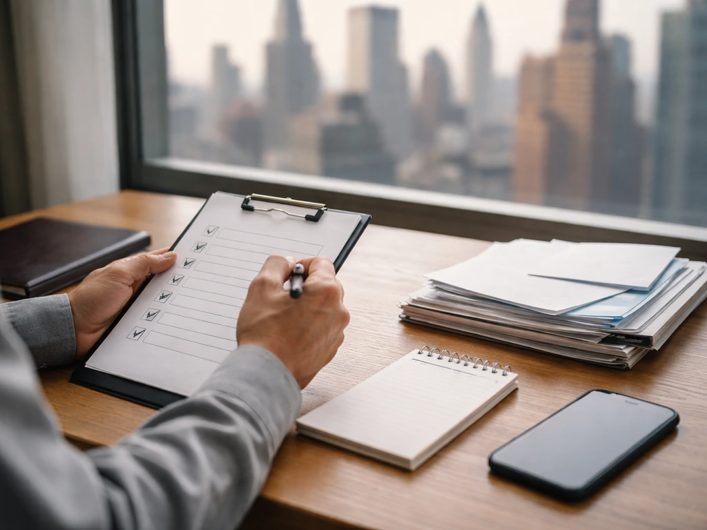 Minimal NYC office scene with a business ledger and smartphone suggesting identity confirmation for an entrepreneur