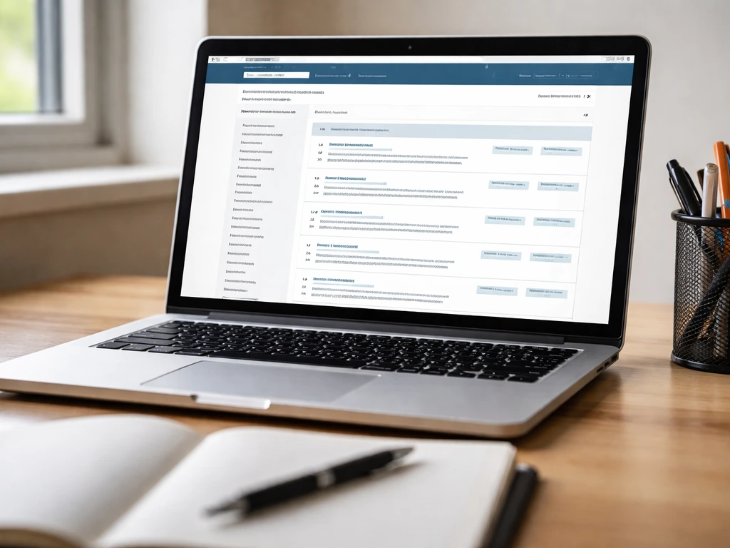 Minimal close-up of a laptop showing SEC EDGAR-style search results for a business filer, with a notebook nearby.