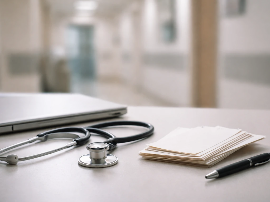 Minimal photo of a healthcare-tech timeline moment with a laptop, stethoscope, and calendar pages in soft light