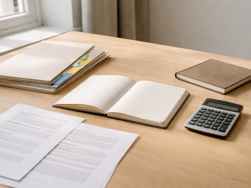Minimal desk scene with two lined notebooks and a small calculator, suggesting asset vs liability range analysis