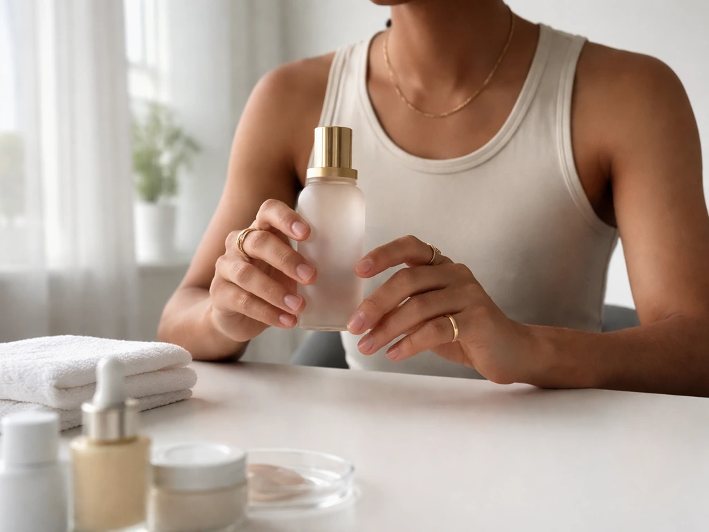 Anonymous skincare brand ambassador holding a product bottle in a sunlit minimal studio